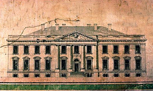  A 1793 elevation by James Hoban. His three-story, nine-bay original submission was altered into this two-story, 11-bay design.
