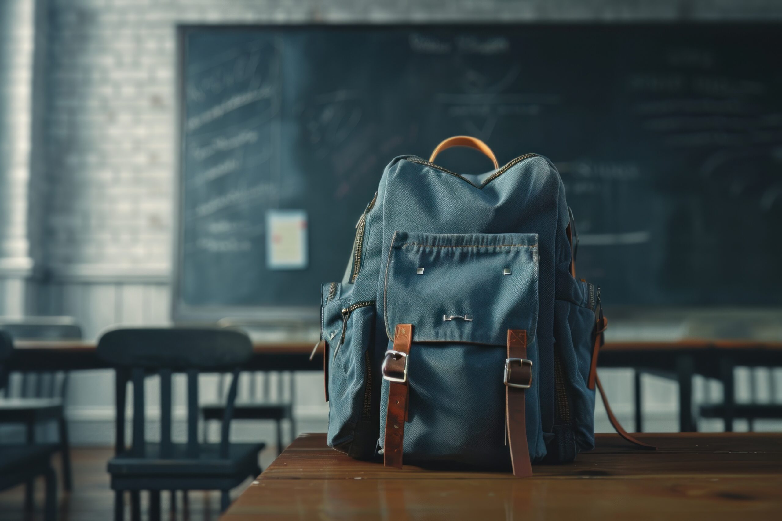 A school backpack on a desk in an empty classroom on the background of a blackboard. Back to school concept