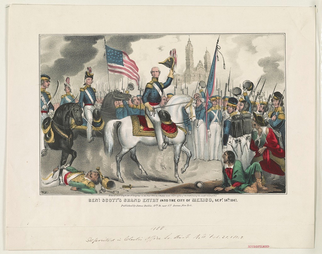 Print shows General Winfield Scott, full-length portrait, seated on horseback, facing front, leading American troops into Mexico City.