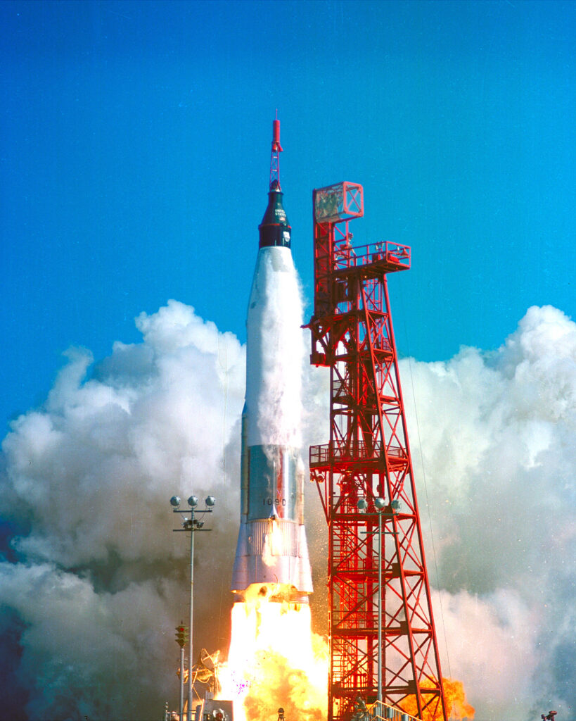 The Mercury-Atlas 6 rocket carrying John Glenn lifts off from Cape Canaveral.