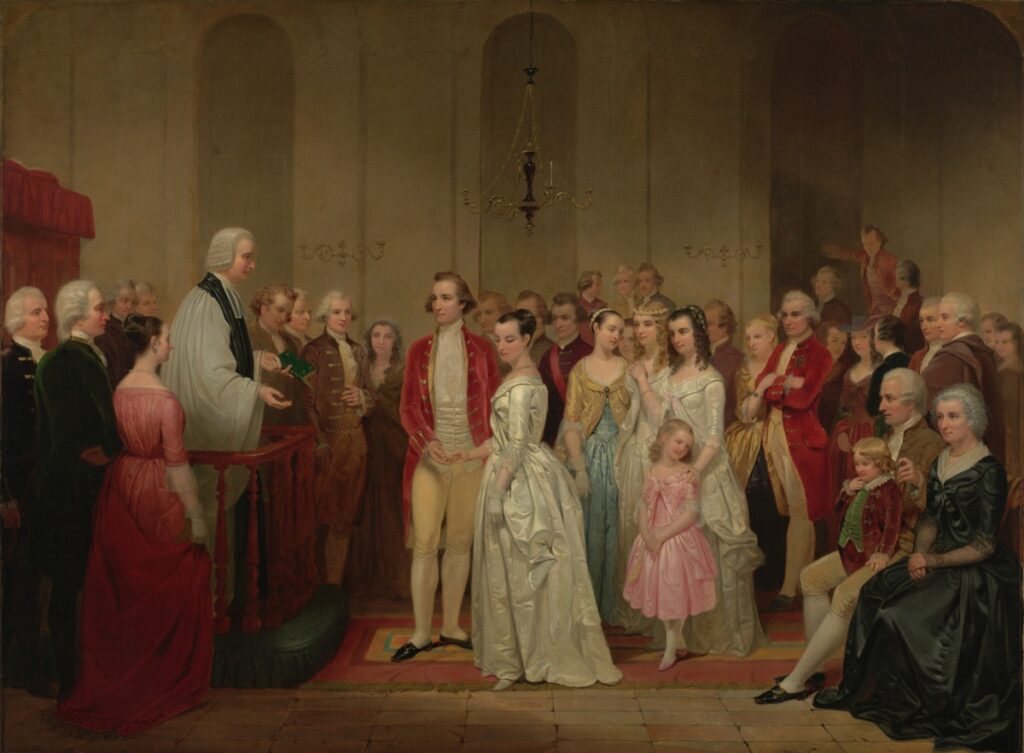 A historical painting of the 1759 wedding of George Washington and Martha Custis, showing the couple standing together in period attire with guests nearby.