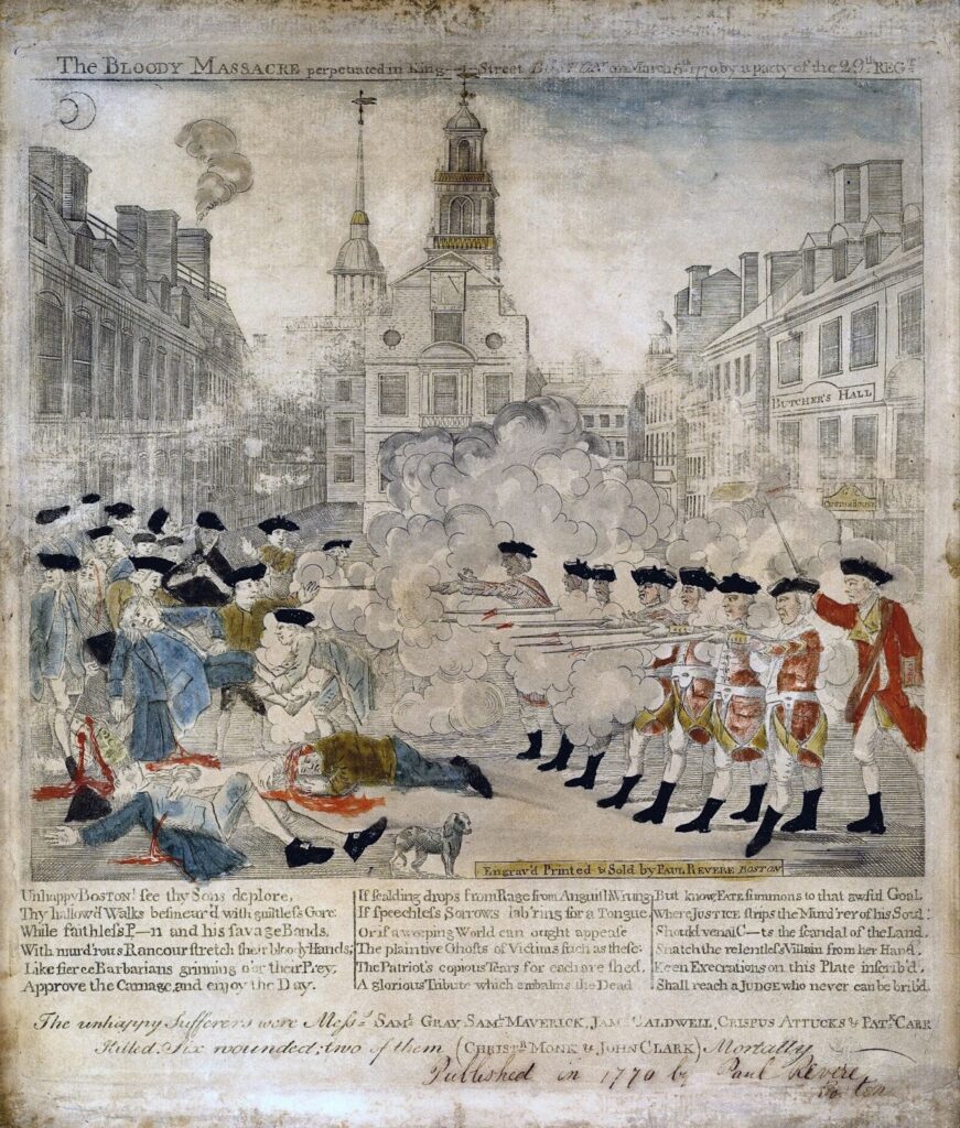 Engraving of the Boston Massacre showing British soldiers firing into a crowd