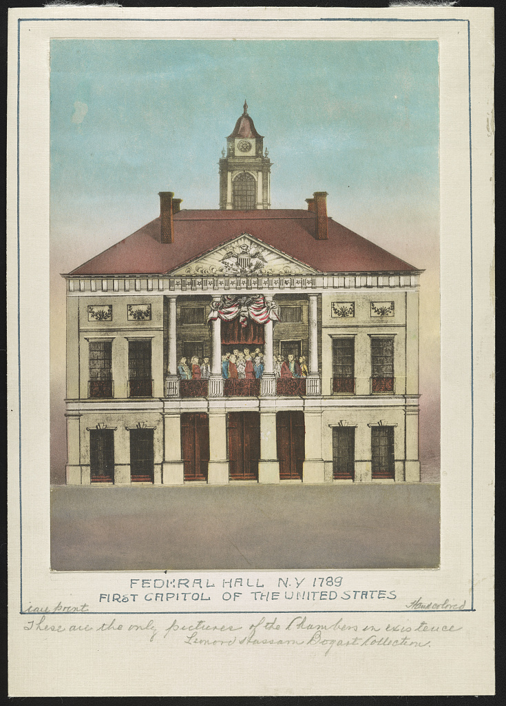 Facade of Federal Hall with figures on the balcony — one of the most iconic early images of the building