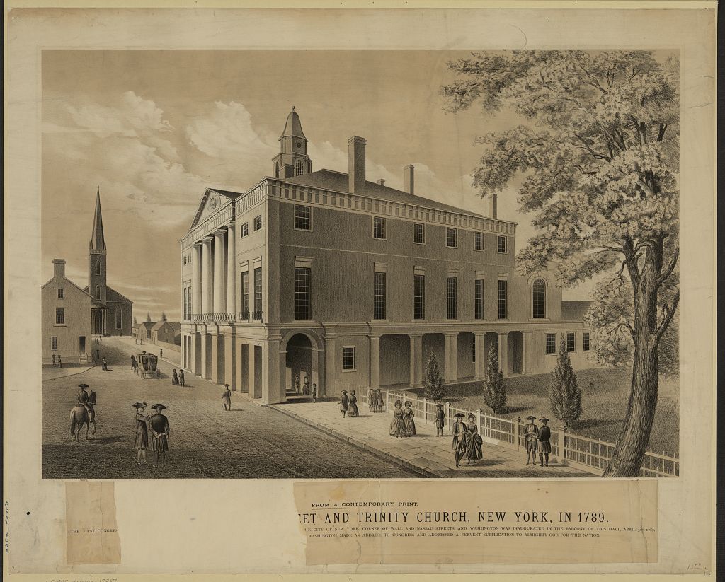 Exterior view of Federal Hall, where the First Congress convened, with Trinity Church in the background