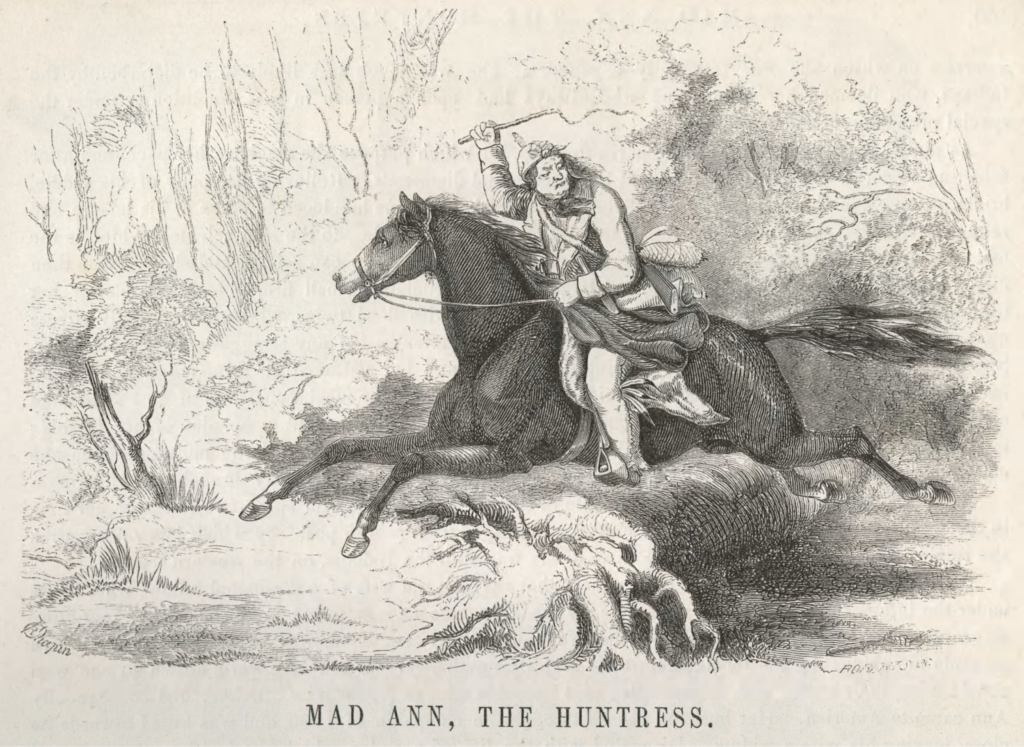 Full-length portrait of the wilderness woman astride a galloping horse; she looks over her left shoulder, with a whip held high in her right hand; her clothing does not identify her as male or female.