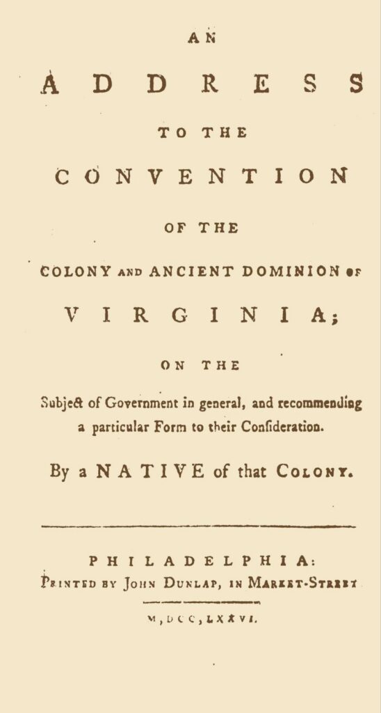 Title page of Carter Braxton's 1776 pamphlet on government
