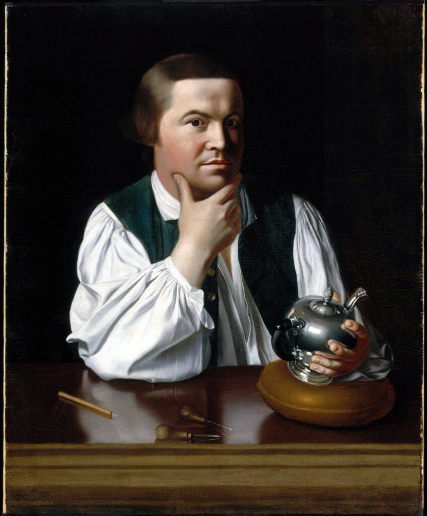 Portrait of Paul Revere painted by John Singleton Copley around 1768–1770, depicting Revere seated at a table in his work clothes, holding a silver teapot he is crafting, his gaze direct and thoughtful