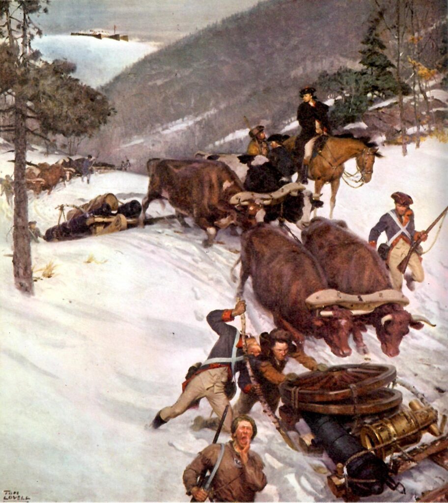 Historical illustration of Knox's Noble Train of Artillery moving through snow, winter 1776