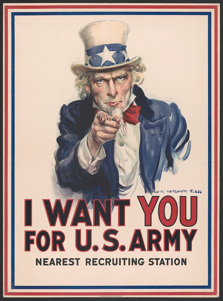 A color lithograph recruitment poster created by artist James Montgomery Flagg, circa 1917. Uncle Sam — depicted as a stern, white-haired man in a top hat adorned with stars, wearing a blue jacket and red bow tie — points his finger directly at the viewer. Bold text reads "I Want You for U.S. Army" at the top and "Nearest Recruiting Station" at the bottom, with a blank space for a local address.