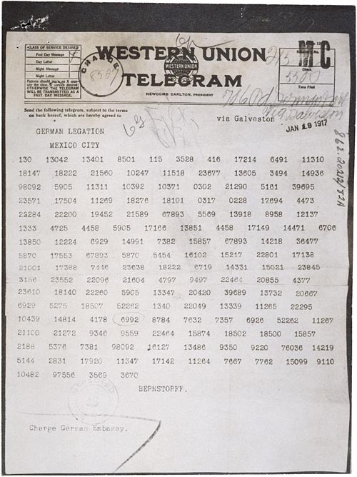 A typed, decoded telegram on government paper, showing the English translation of the Zimmermann Telegram — a secret 1917 message from German Foreign Secretary Arthur Zimmermann proposing a military alliance with Mexico, including an offer to help Mexico recover Texas, New Mexico, and Arizona from the United States.