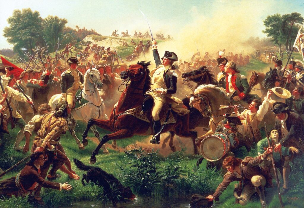 Large historical painting of the Battle of Monmouth showing Continental and British troops engaged in combat amid smoke, artillery fire, horses, and military formations during the Revolutionary War.
