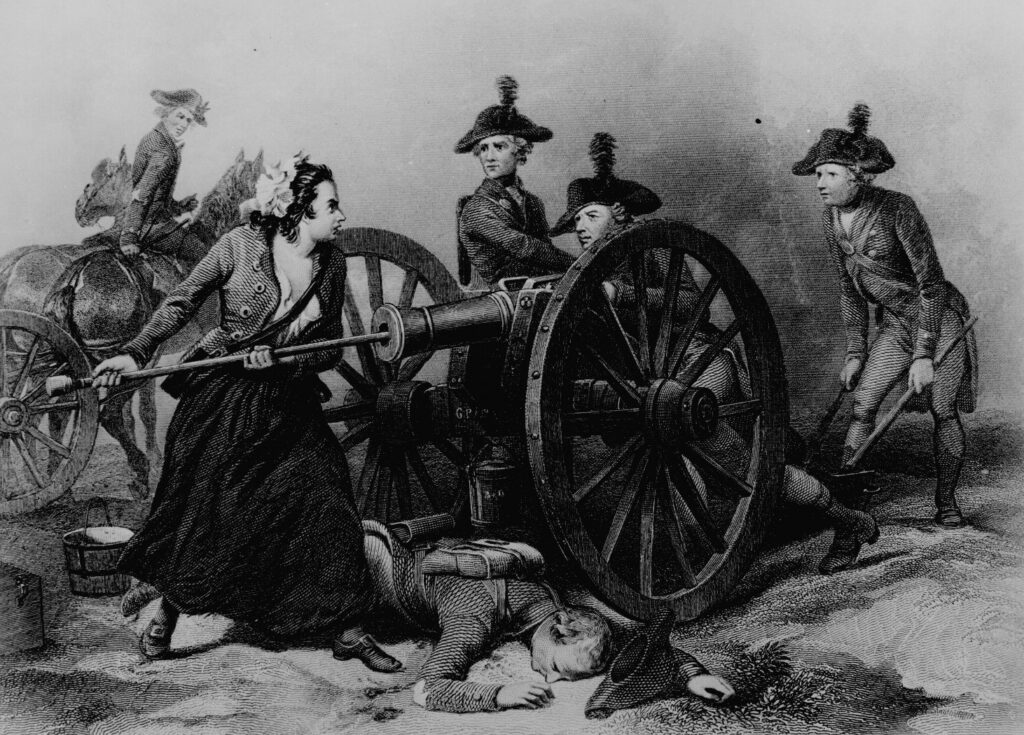 Historic engraving of Molly Pitcher standing beside a Revolutionary War cannon while holding a ramrod, dressed in a long skirt, apron, and head covering.