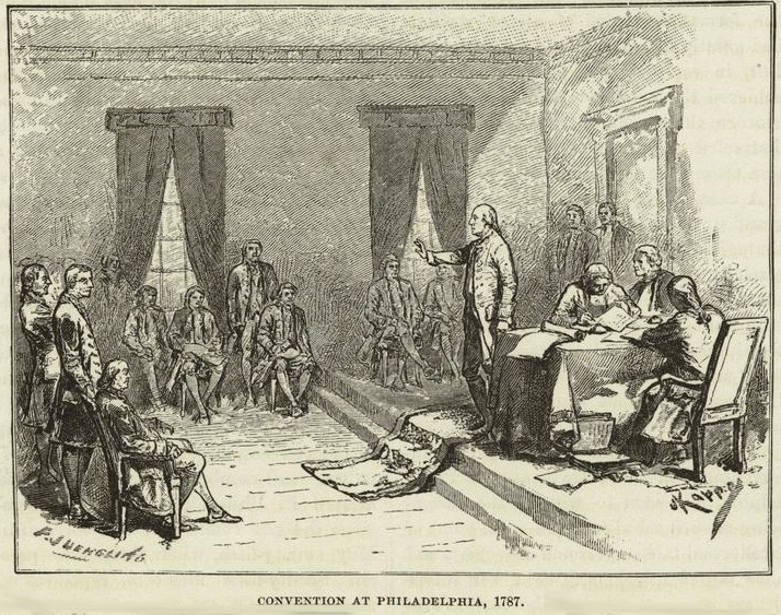 Historic illustration depicting delegates gathered inside the Constitutional Convention in Philadelphia, seated at tables and engaged in debate during the summer of 1787.