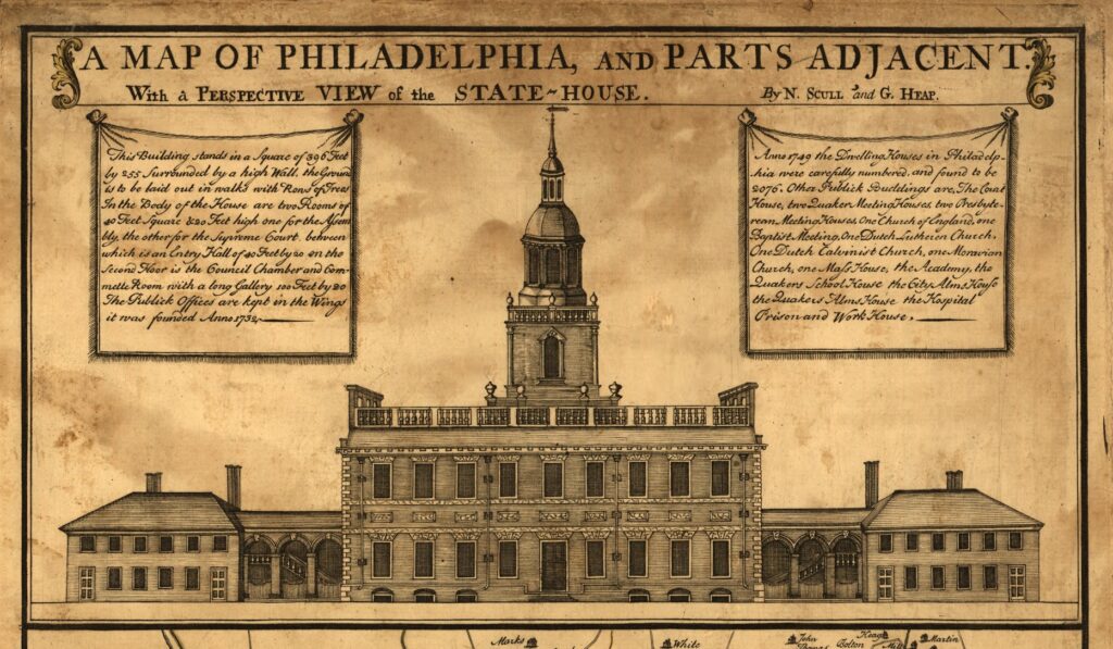 A map of the exterior view of the clock tower and brick architecture of Independence Hall in Philadelphia, Pennsylvania.
