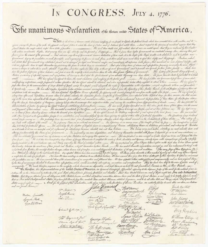 An engraving of the United States Declaration of Independence showing the signatures of the delegates, including Robert Morris among the Pennsylvania signers. The image is part of the full Declaration document preserved by the National Archives, which includes all 56 signatures arranged by colony.