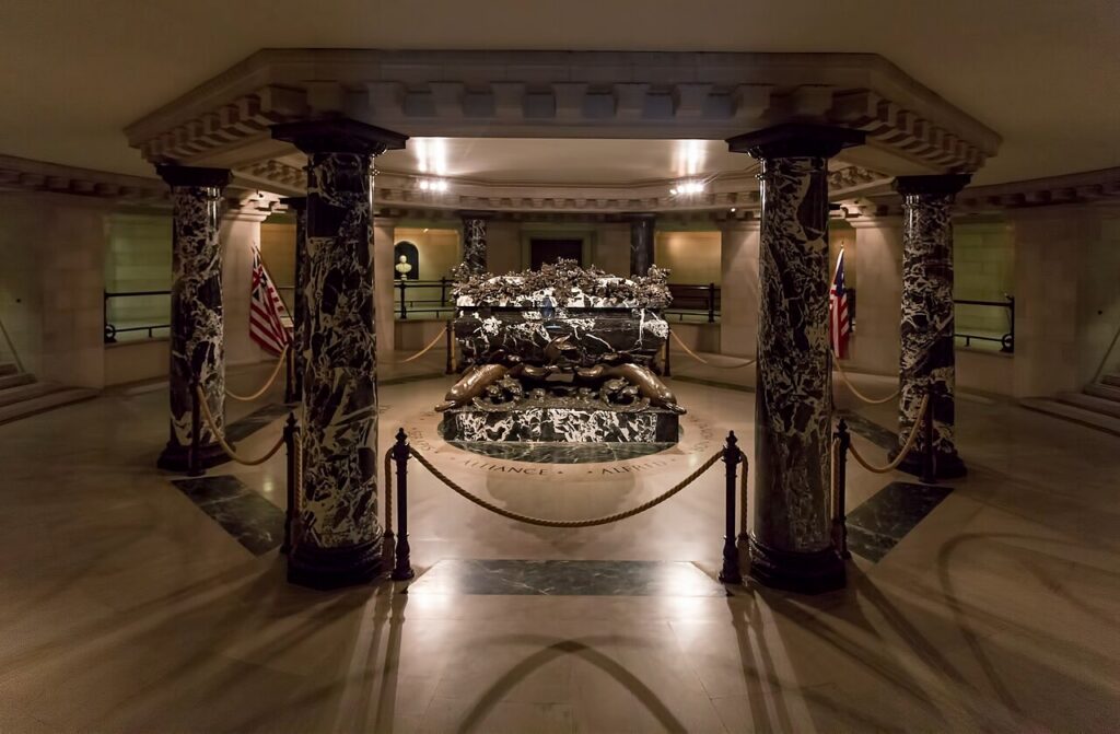 The marble sarcophagus of John Paul Jones in the crypt of the U.S. Naval Academy Chape