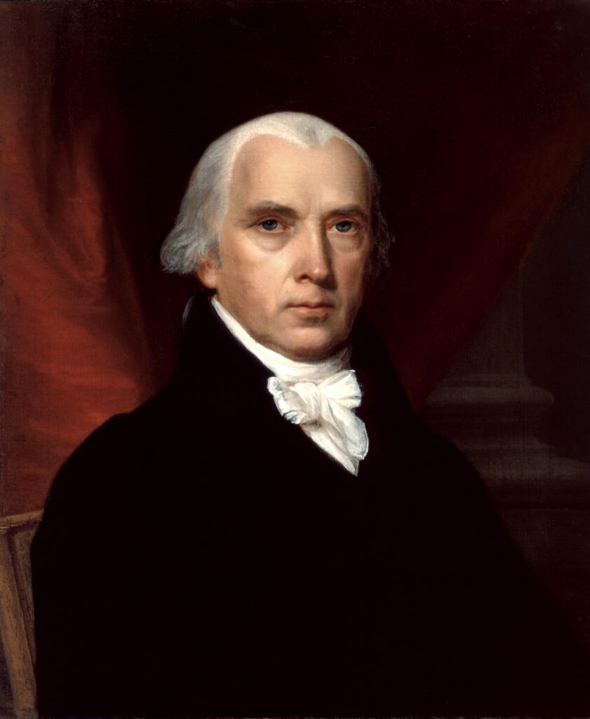 Formal portrait of James Madison, the fourth President of the United States, seated and facing slightly to the viewer's left. Madison wears a black coat, white cravat, and white shirt. His expression is thoughtful and composed, with a dark background emphasizing his face and upper body.