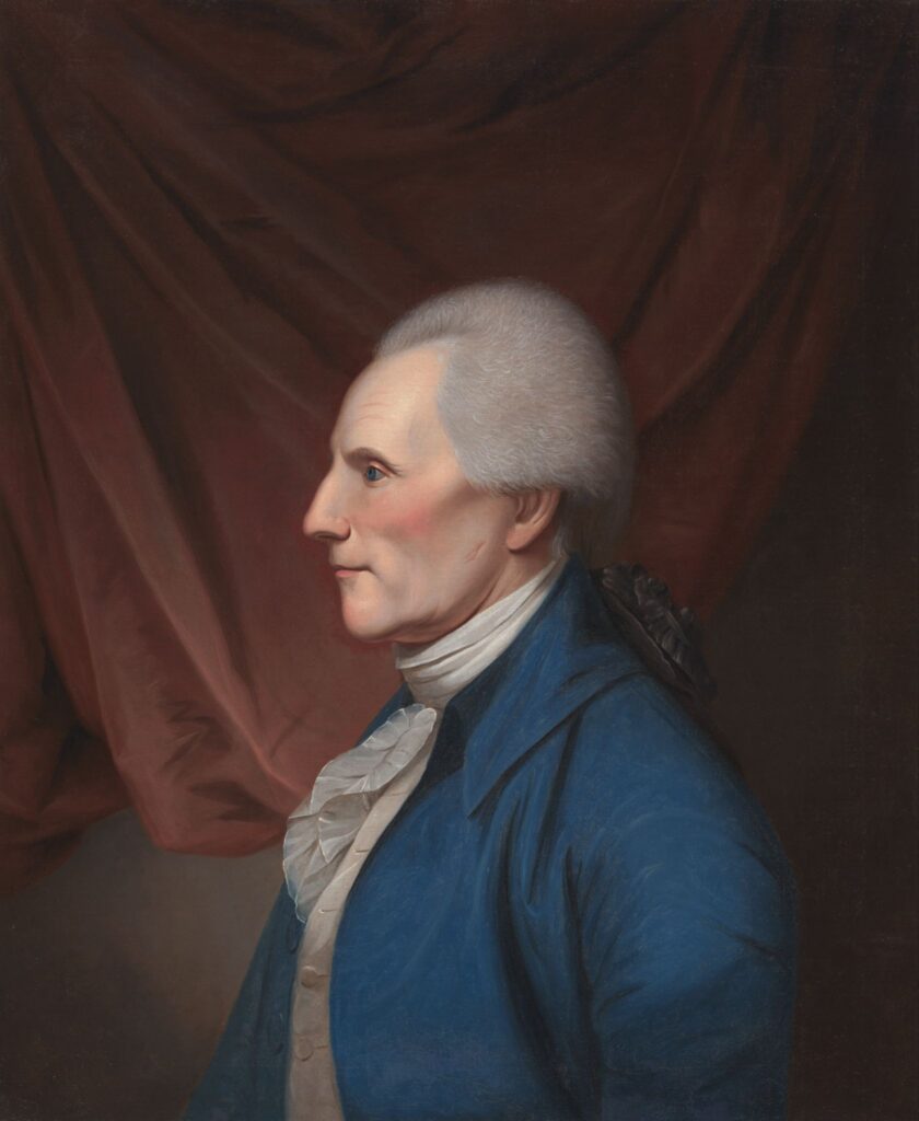 Portrait of Richard Henry Lee, Virginia statesman and signer of the Declaration of Independence, seated in formal eighteenth-century attire with a powdered wig and white cravat. Painted by Charles Willson Peale around 1795–1805.