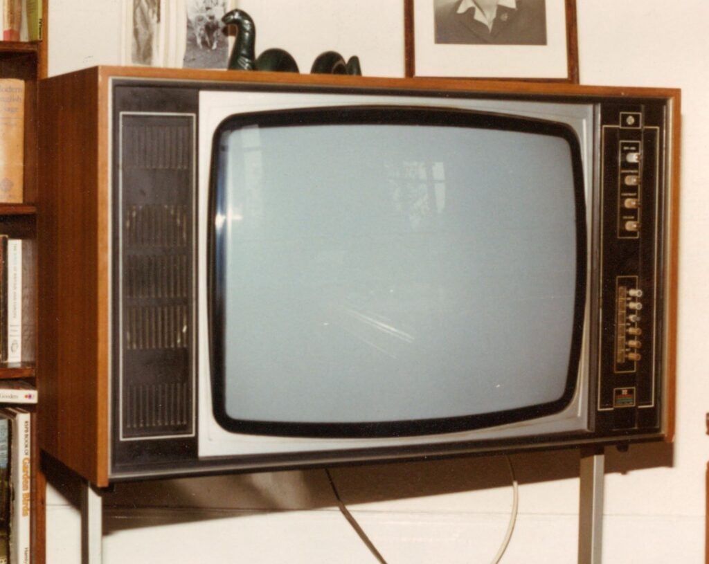 A photograph of a box television circa 1980 the year CNN launched. Public Domain