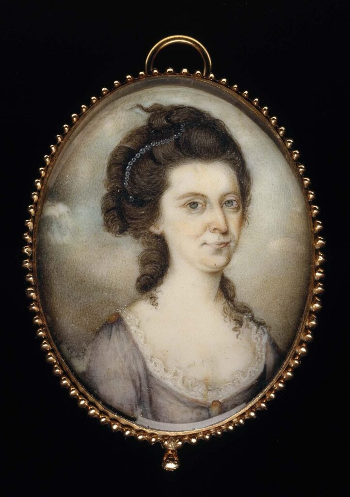 Miniature portrait of Rachel Walker Revere by Joseph Dunkerley, set in an ornamental oval frame