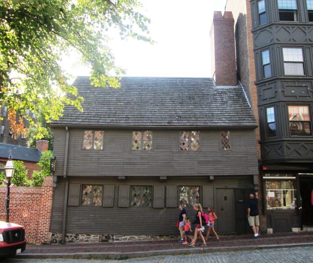 The historic Paul Revere House at 19 North Square in Boston's North End, a two-story wooden structure