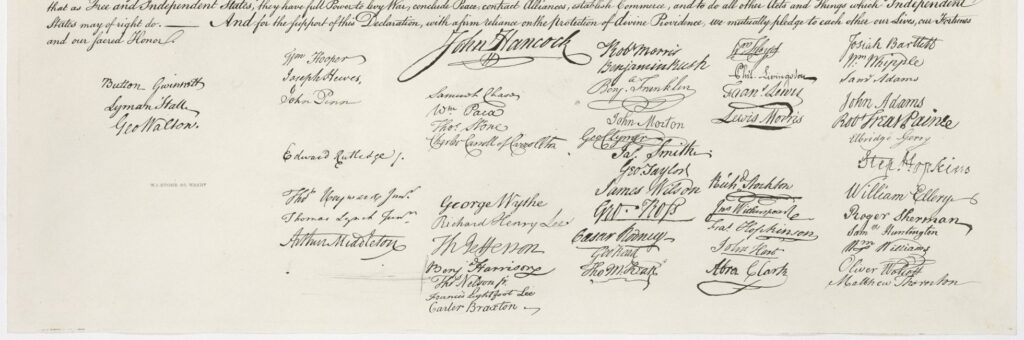 John Hancock's large, distinctive signature on the Declaration of Independence 
