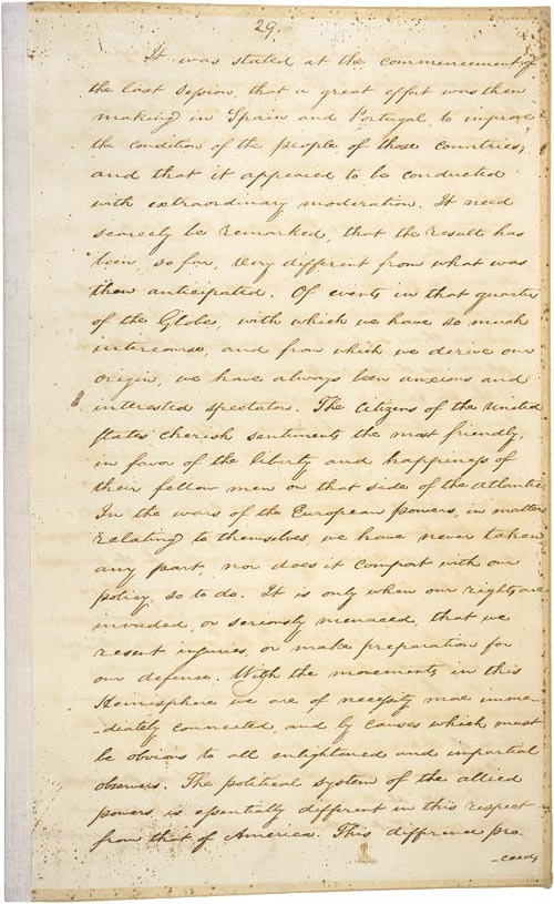 Handwritten page from President James Monroe's annual message to Congress in 1823. The document features neat cursive writing in dark ink on aged paper and contains the principles that became known as the Monroe Doctrine.