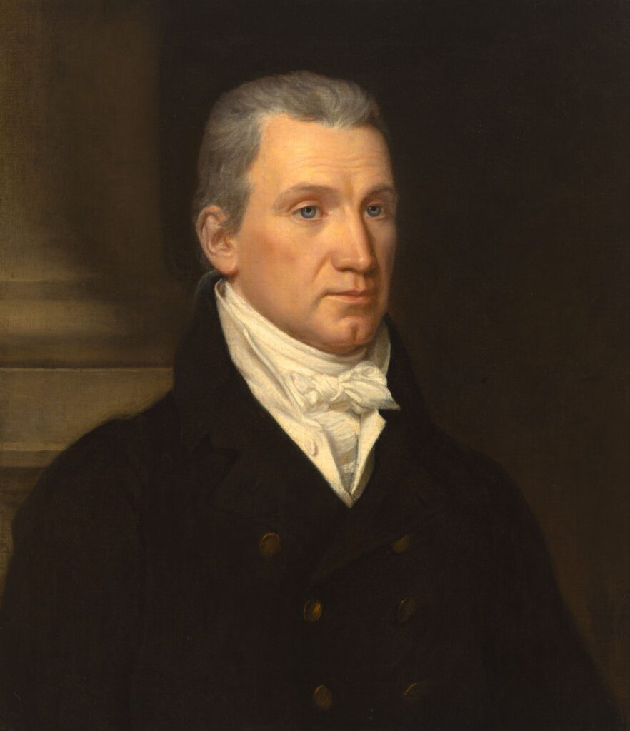 Formal portrait of James Monroe, the fifth President of the United States, seated and facing slightly to the viewer's right. Monroe wears a dark black coat, white shirt, and white cravat. His gray hair frames his face, and his expression is calm and dignified against a dark background.