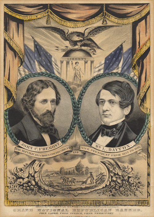 A 19th-century lithographed campaign banner featuring oval portraits of John C. Frémont and William L. Dayton beneath an eagle and patriotic banner reading the Republican ticket of 1856.