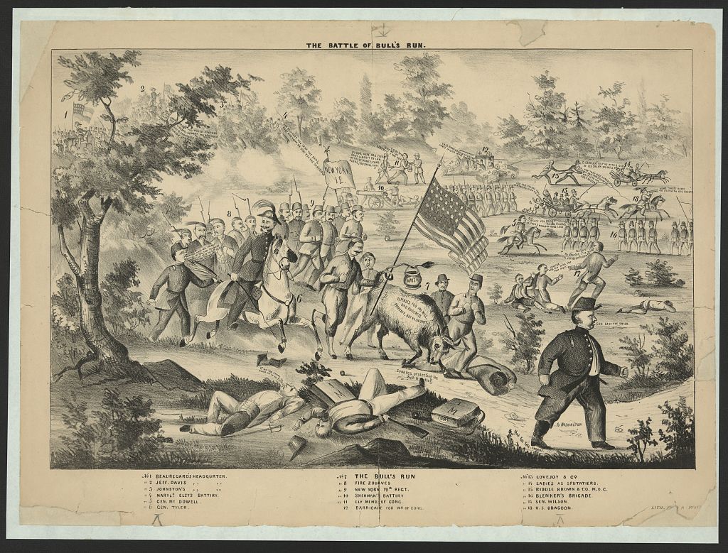 Political cartoon from 1861 depicting the aftermath of the First Battle of Bull Run, with labeled Union and Confederate positions, military units, political figures, and civilian spectators across a crowded battlefield.