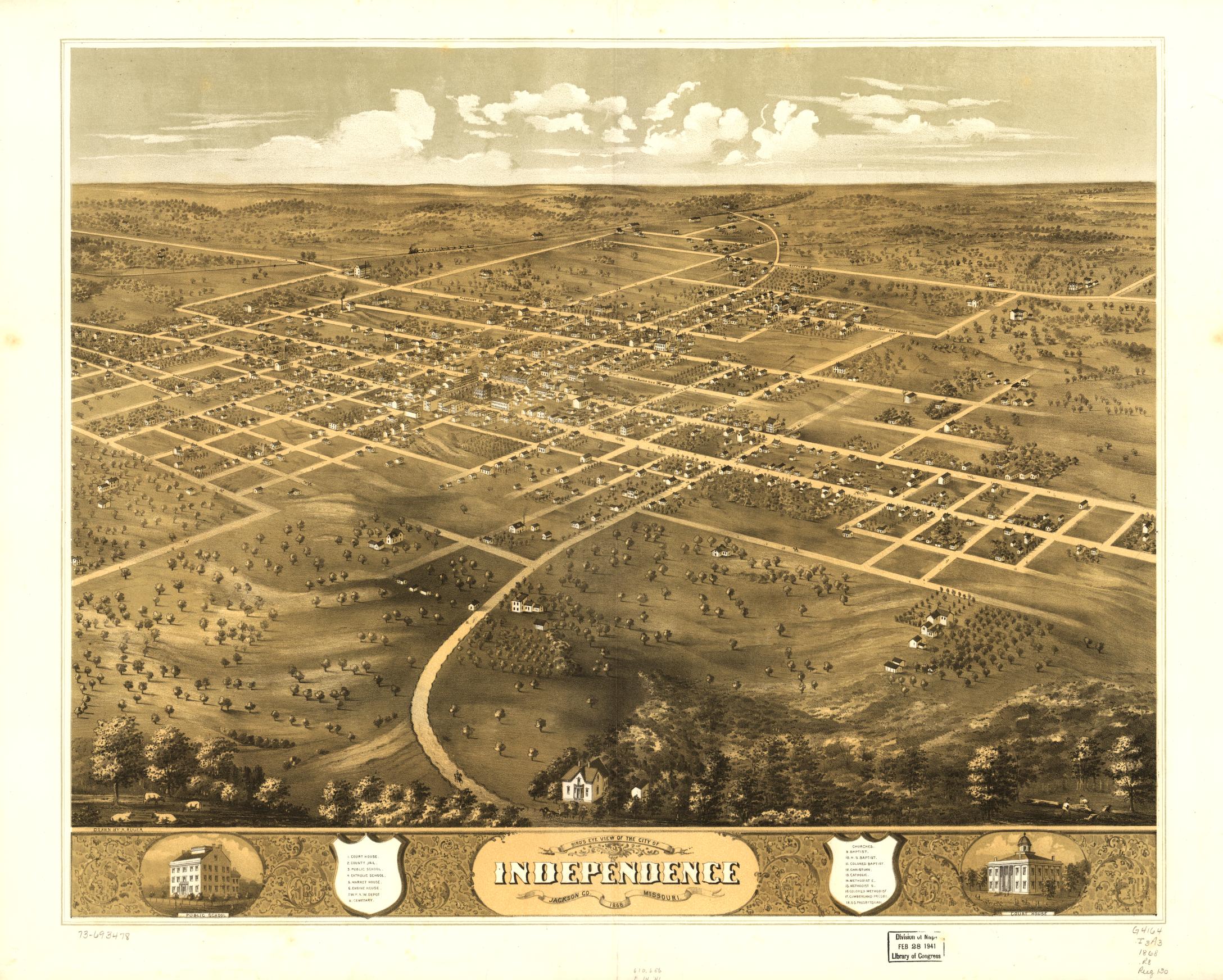 A color bird’s-eye map depicts the streets, buildings, surrounding fields, and landscape of Independence, Missouri, in 1868.