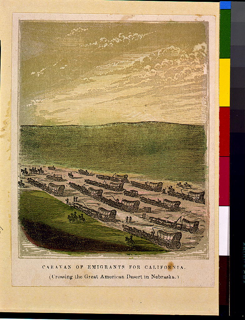 A hand-colored wood engraving depicts a long caravan of covered wagons and emigrants crossing the plains of Nebraska on the way to California.