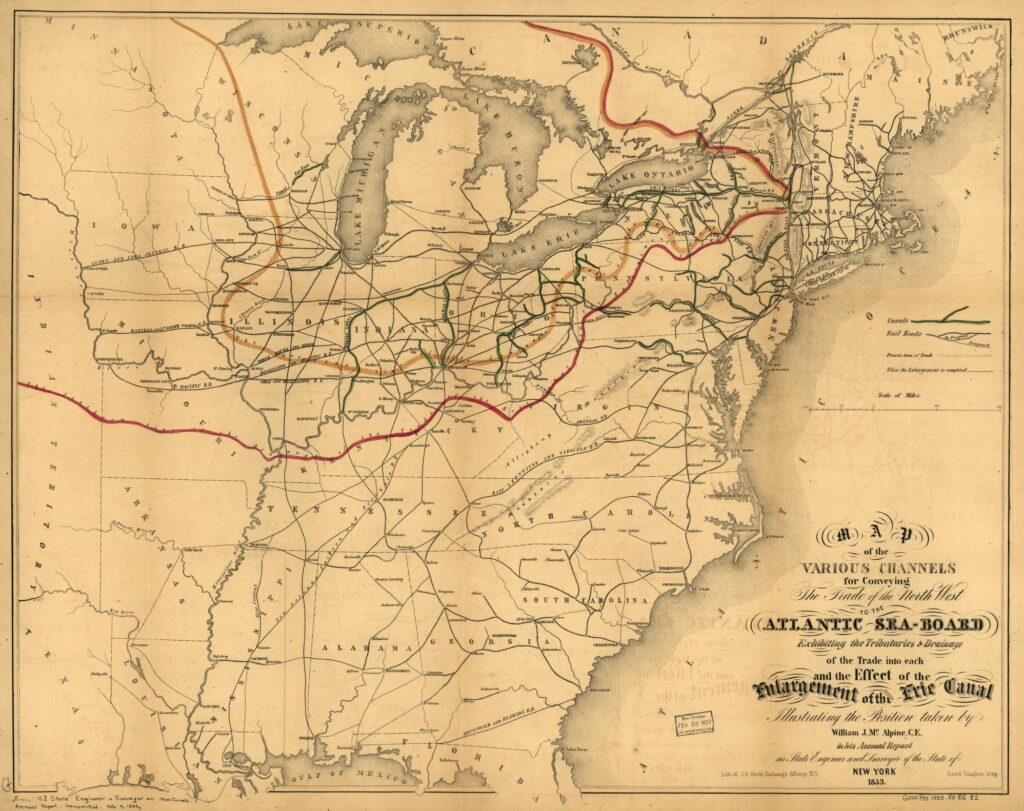 Map showing waterways, canals, and transportation channels connecting the Atlantic coast with western regions of the United States during the nineteenth century.