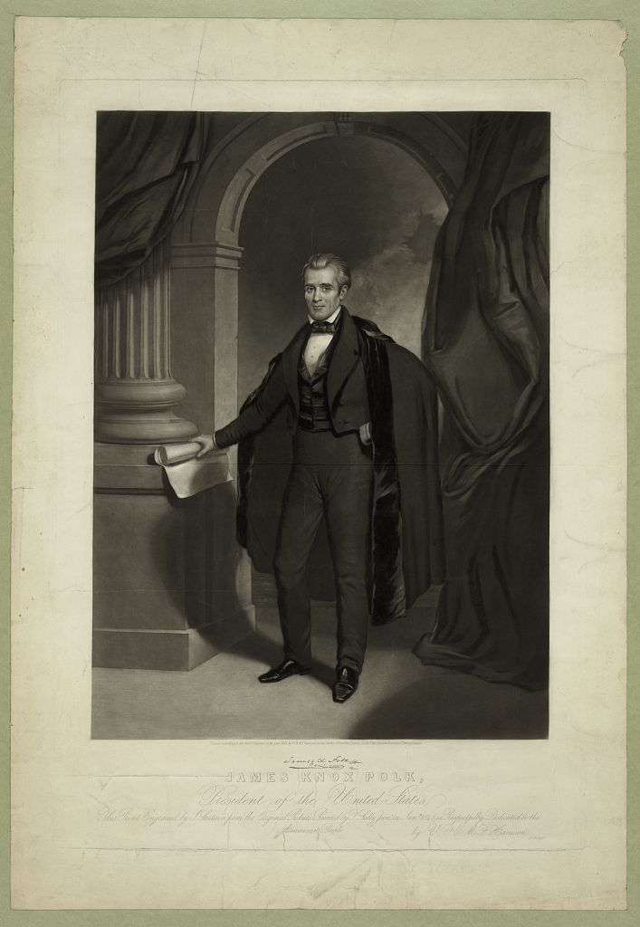 A formal mezzotint engraving of President James K. Polk, standing full-length in formal dress, facing front, from an original portrait painted by Thomas Sully Jr.