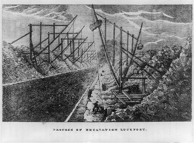 Laborers excavating canal locks through rock formations during construction of the Erie Canal at Lockport, New York.