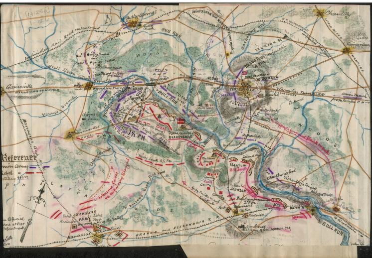 Color lithograph showing infantry, artillery, mounted officers, smoke, and combat during the First Battle of Bull Run.