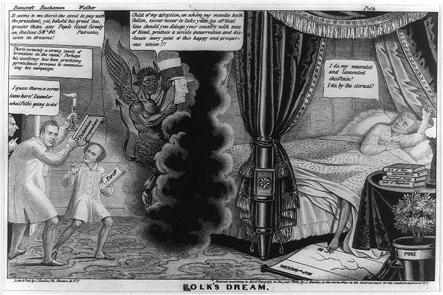 A 19th-century lithograph political cartoon depicting a sleeping President Polk in a canopied bed, with one toe on a map showing the 54–40 Oregon boundary line, while a devil wearing Andrew Jackson’s hat looms over him in a cloud of smoke, and three cabinet members with candles peer in from the left.