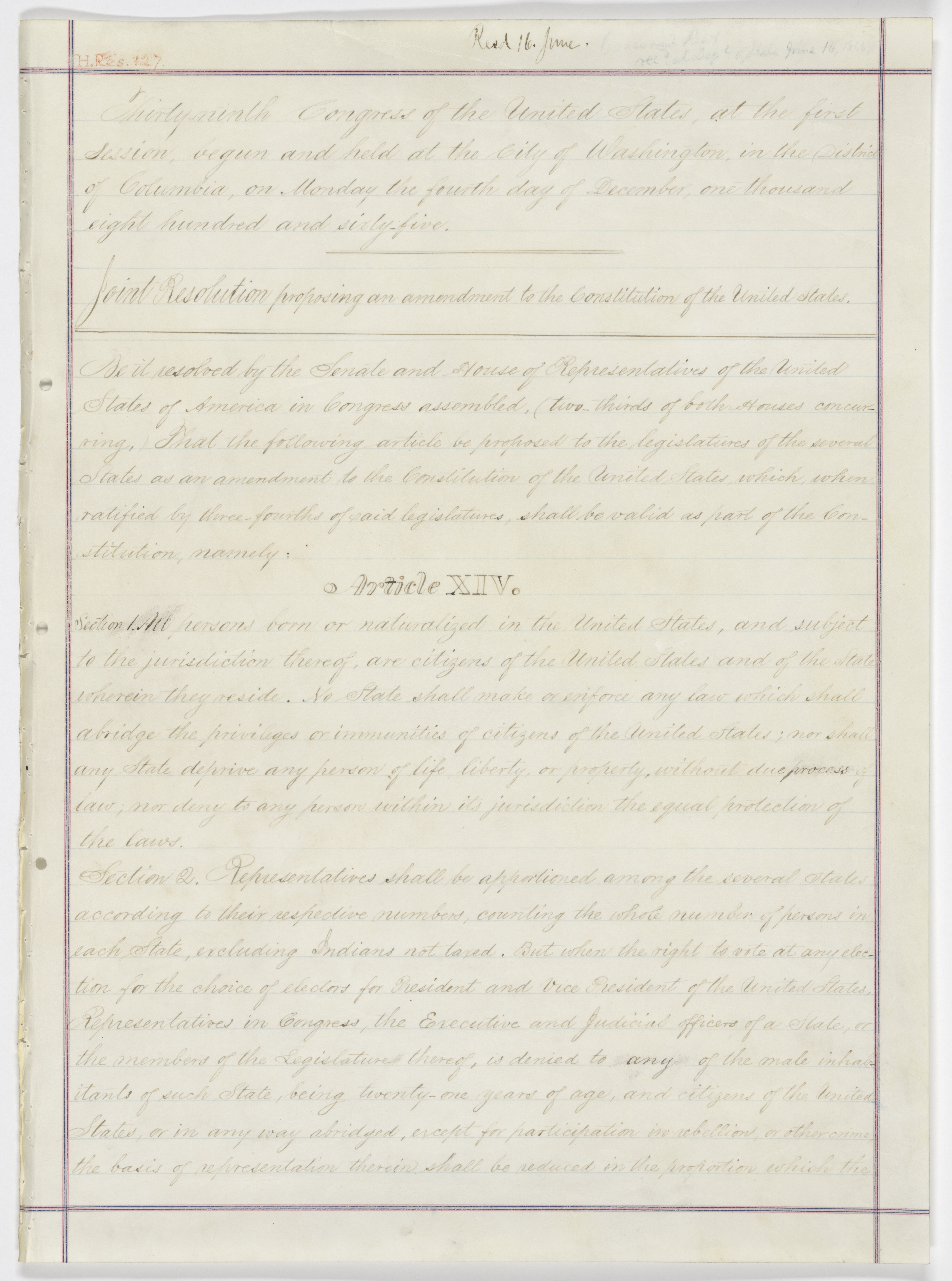 The first page of the original Fourteenth Amendment to the United States Constitution, written in black ink on aged parchment with the heading "Article XIV" at the top. The document outlines constitutional protections for citizenship, due process, and equal protection under the law.