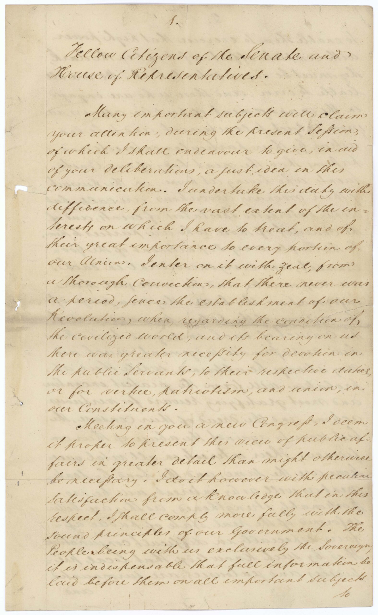 Handwritten page from President James Monroe's 1823 annual message to Congress containing part of the text that became known as the Monroe Doctrine.