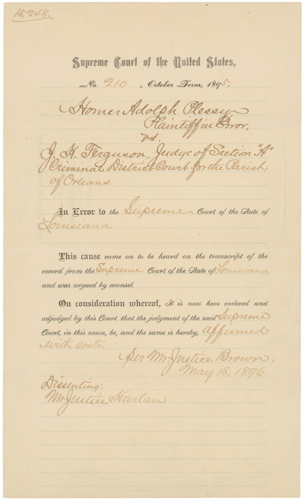 The opening page of the United States Supreme Court's decision in Plessy v. Ferguson (1896), printed in black text on an aged document page with the case title at the top.