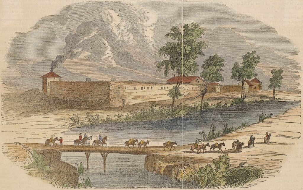 A mid-19th-century engraving of Sutter's Fort, a walled adobe compound with outbuildings, cattle, and figures on horseback in the foreground, set against open California grassland.