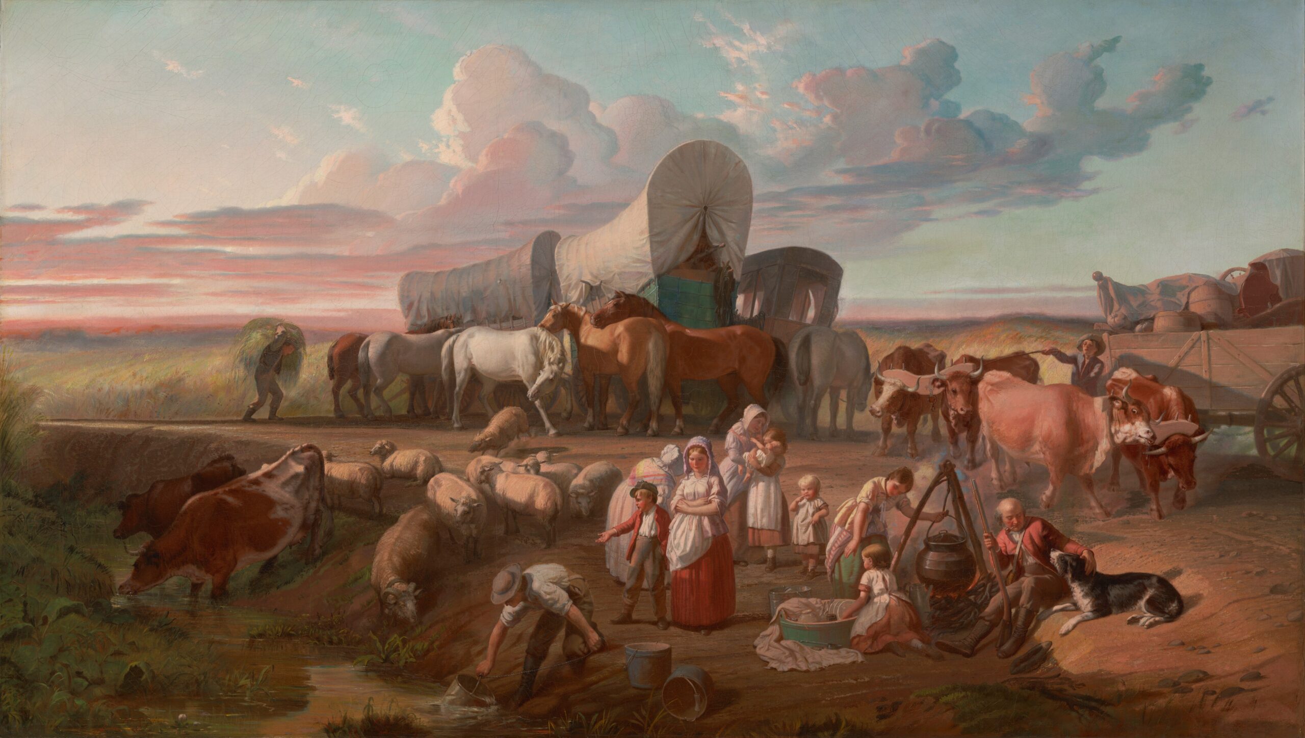 Men, horses, livestock, and a covered wagon gather near a frontier building during an evening halt on a westward journey.