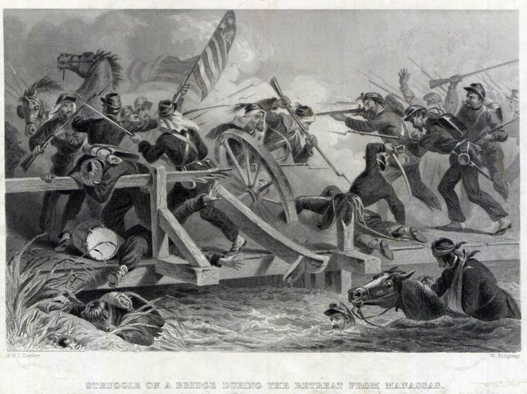 Historic illustration showing Union soldiers, civilians, horse-drawn wagons, and horses crowding a bridge during the retreat from the First Battle of Bull Run in July 1861.