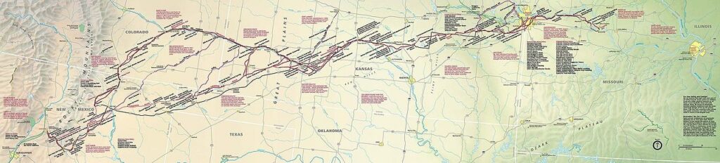 A color map showing the full route of the Santa Fe Trail from Franklin, Missouri to Santa Fe, New Mexico, including the Mountain Branch through Raton Pass and the Cimarron Cutoff across the southern plains.