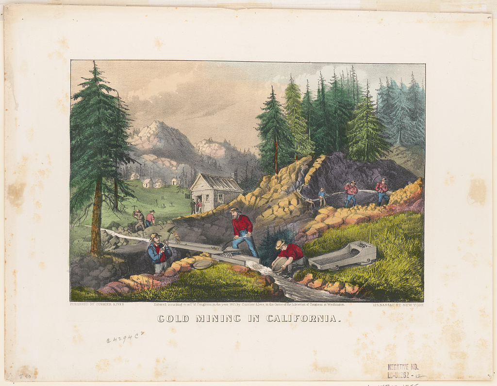 A hand-colored lithograph by Currier & Ives showing a group of gold miners working along a California river, with men panning, sluicing, and using rockers to separate gold from gravel, surrounded by steep forested hills.