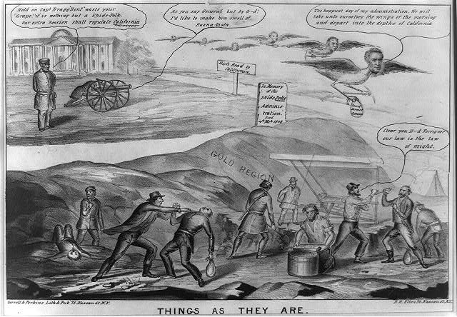 An 1849 hand-colored lithograph showing three gold miners at work: one man calmly sifts a gold pan over a barrel, a second digs into a hillside with a flintlock rifle slung over his back, and a third in a smock shovels ore into a wooden sieve, with a rough camp visible in the background.