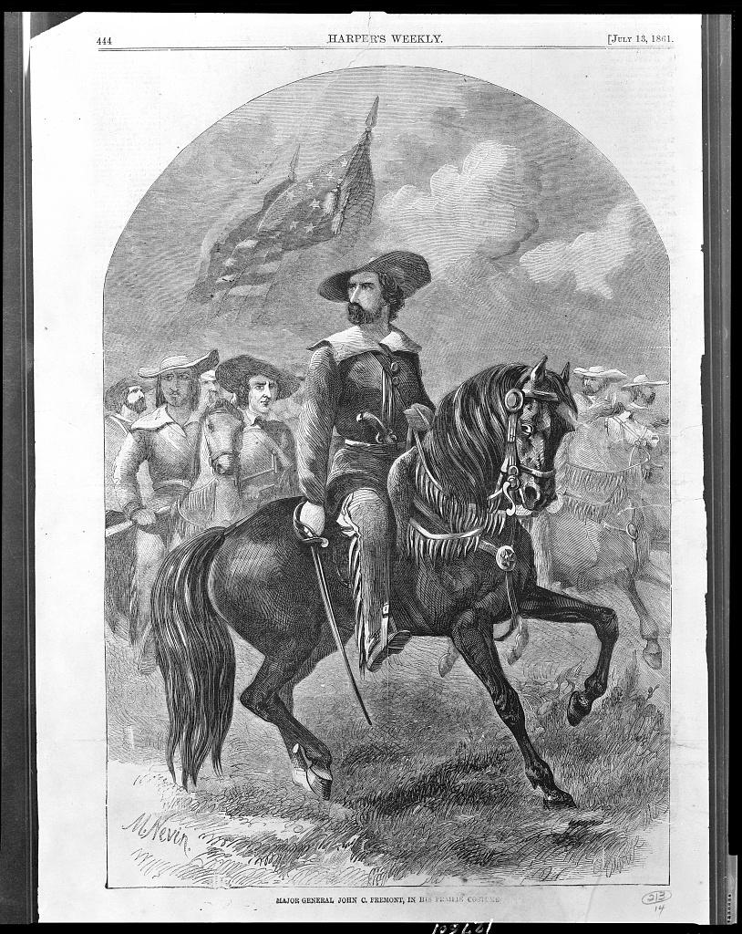 John C. Fremont on horseback, holding a sword, leading other soldiers on horseback.