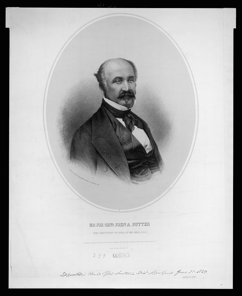 A 19th-century portrait lithograph of General John A. Sutter, showing a stout, middle-aged man in formal military dress with epaulets, facing the viewer with a composed expression.
