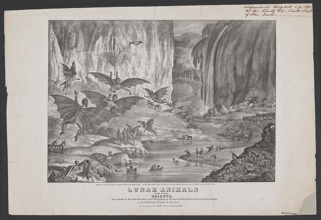 A hand-colored 19th-century lithograph depicting a lunar valley populated with winged, upright humanoid “man-bat” creatures, along with biped beaver-like animals and horned quadrupeds, rendered as if observed through a telescope.