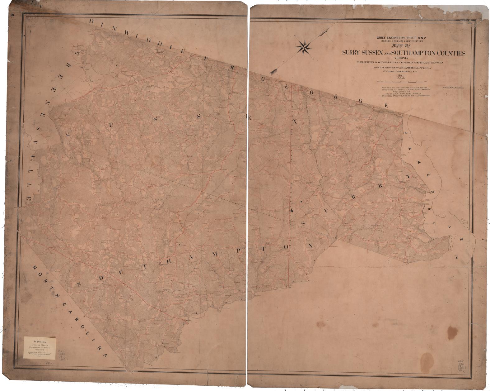A detailed 1863 map of Southampton, Surry, and Sussex counties in southeastern Virginia, showing towns, roads, waterways, and landowners.
